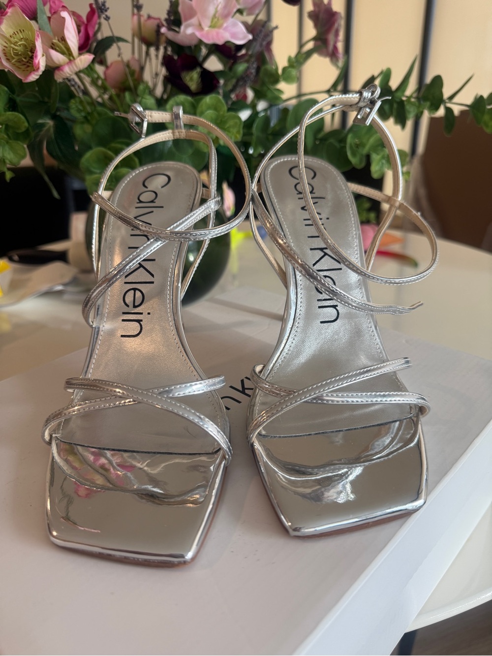 Calvin Klein Metallic Silver Strappy Square-Toe Heels
